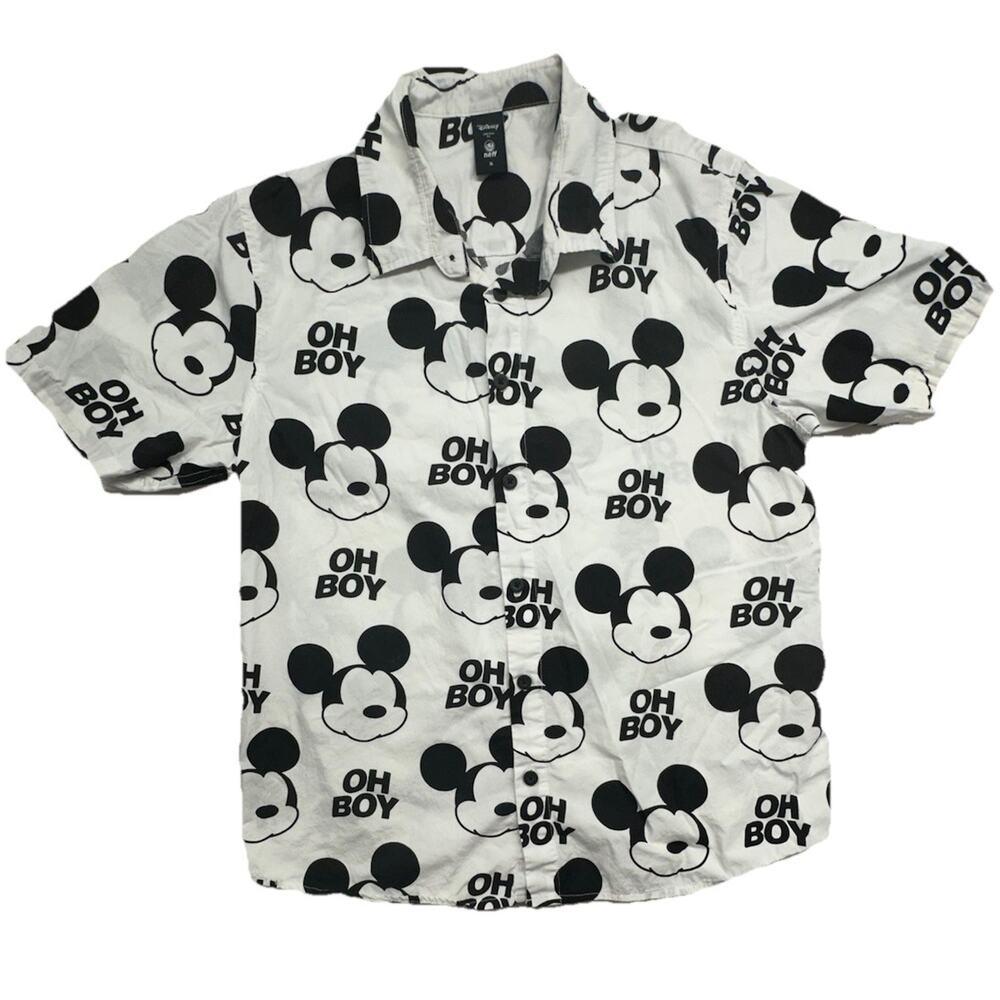 Disney Neff Shirt Mens Small Mickey Mouse Oh Boy White Black Button 100% Cotton